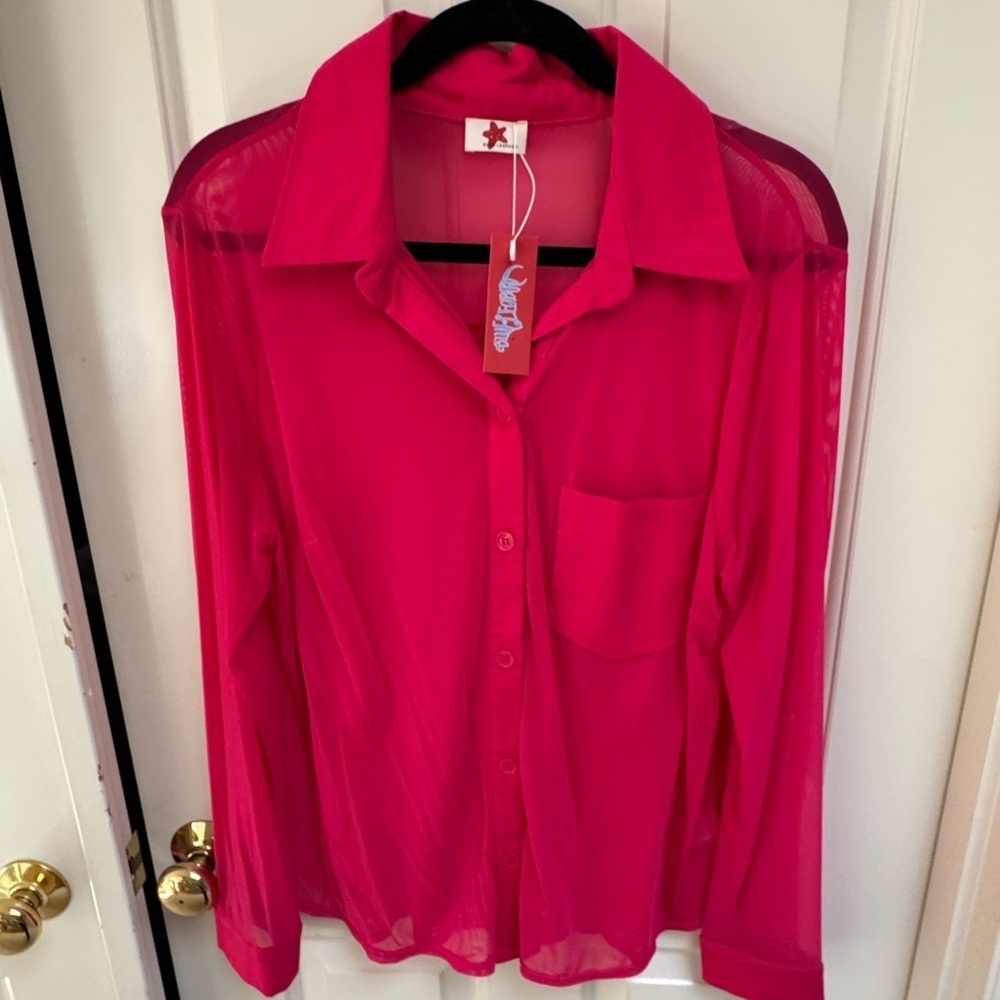 Hot Pink Long Sleeve Mesh Top